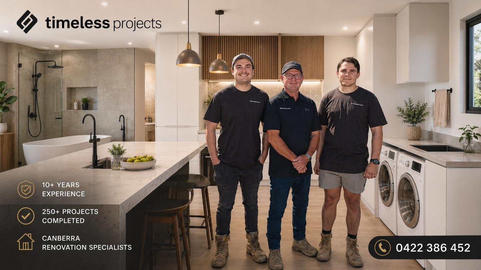 Timeless Projects team showcasing bathroom, kitchen and laundry renovations in Canberra and surrounding ACT