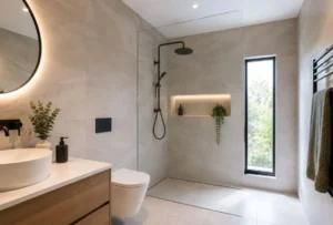 Frameless walk-in shower with matte black rainfall shower, recessed niche and porcelain tiles in a Jerrabomberra bathroom renovation by Timeless Projects