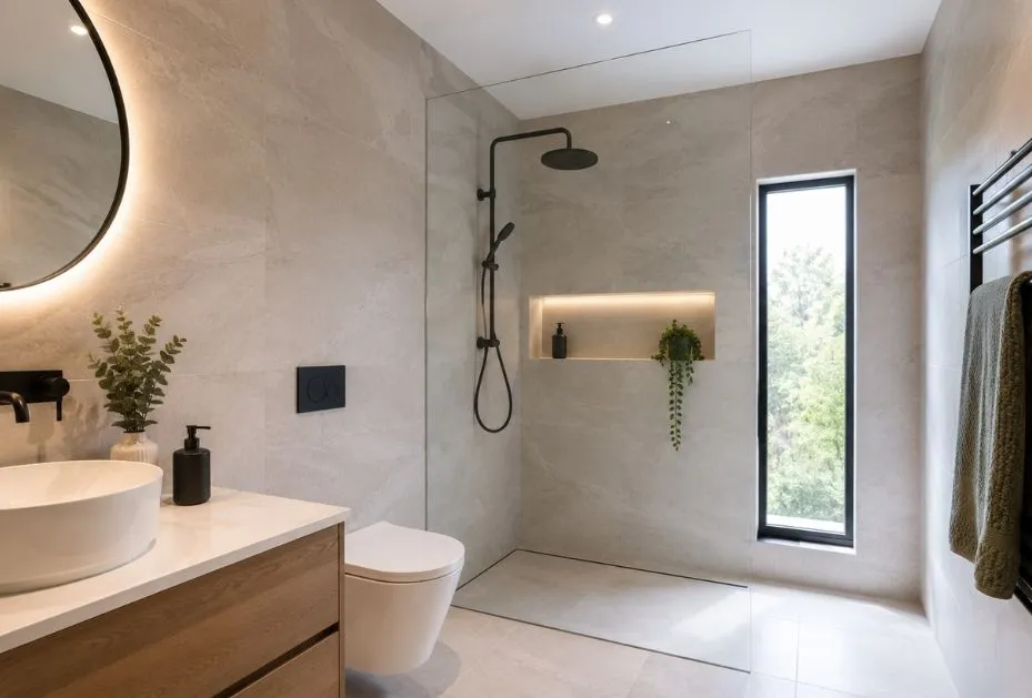 Frameless walk-in shower with matte black rainfall shower, recessed niche and porcelain tiles in a Jerrabomberra bathroom renovation by Timeless Projects